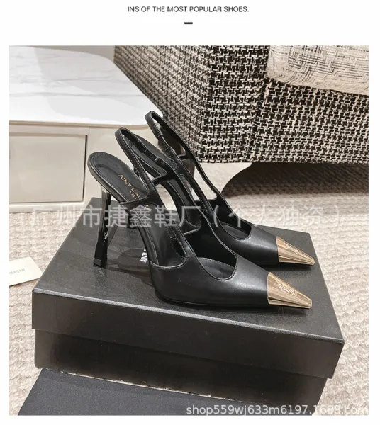 Design Slingback Stiletto Heels Black with Gold Toe Cap Heels - 12