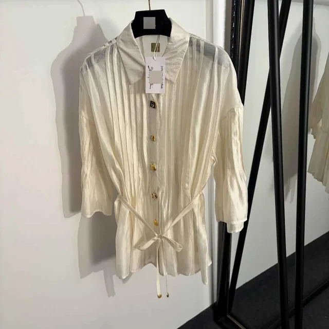 Unbranded Shirts Sheer pleated long-sleeve tie-waist blouse with gold-tone buttons product detail image 2