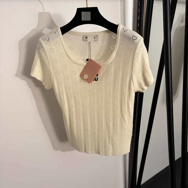 Miu Knitwear Short-Sleeve Heart Pointelle Knit Top with Bow Detail product detail image 2
