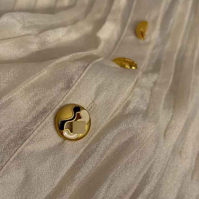 Unbranded Shirts Sheer pleated long-sleeve tie-waist blouse with gold-tone buttons product detail image 7