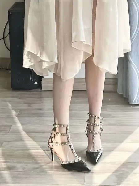 Valentino Rockstud Strappy Pointed-Toe Kitten Heel in Nude - 6