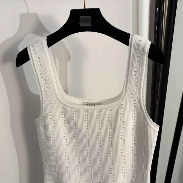 Design Knit Pearl-Embellished Sleeveless Top Light Blue Tops.vest Top - 6