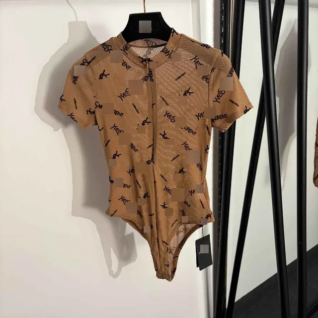 Saint Laurent Underwear Sheer mesh short-sleeve zip-front monogram bodysuit product detail image 2