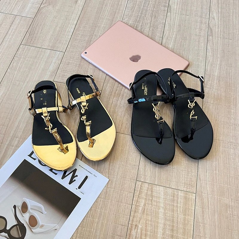 Saint Laurent Sandals YSL Logo Thong Ankle-Strap Flat image 2