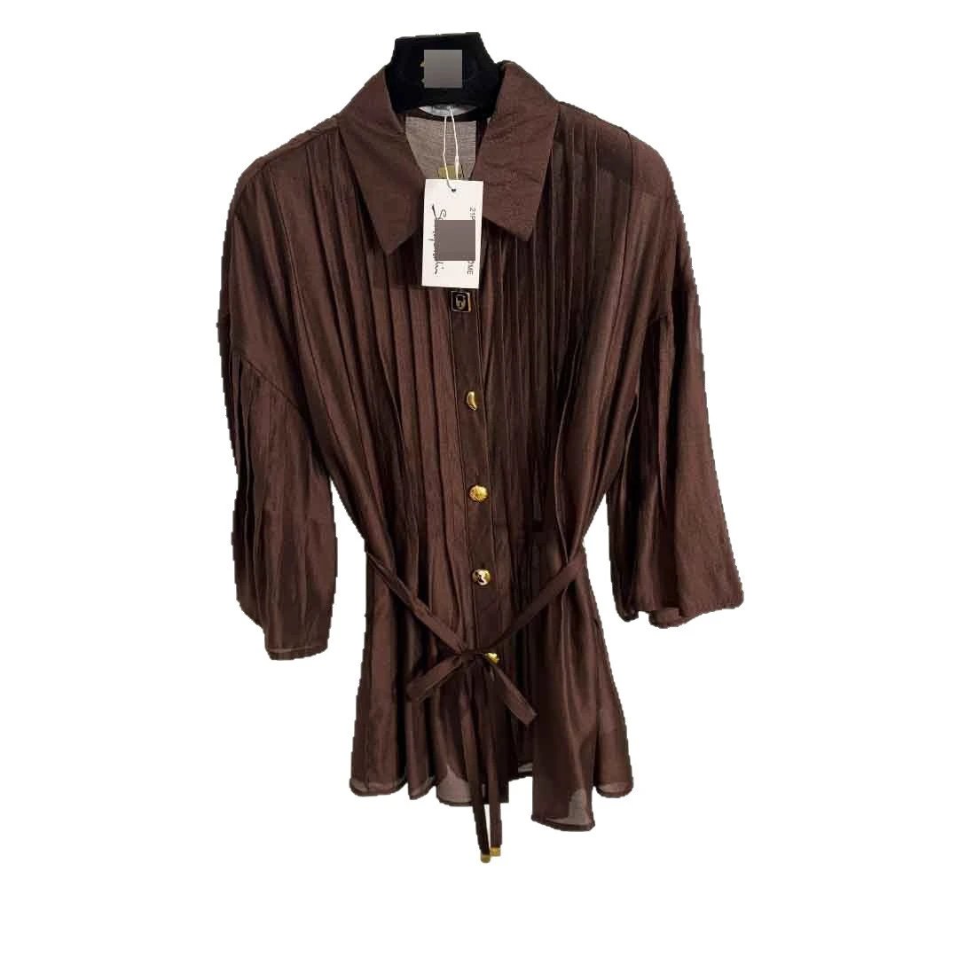 Unbranded Shirts Sheer pleated long-sleeve tie-waist blouse with gold-tone buttons image 5