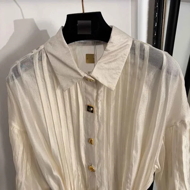 Unbranded Shirts Sheer pleated long-sleeve tie-waist blouse with gold-tone buttons product detail image 4