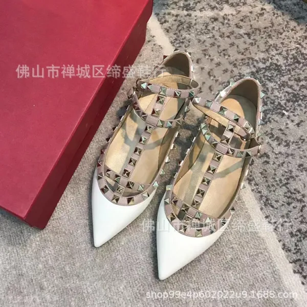 Valentino Rockstud Flat White Leather Pointed-Toe Mary Jane Shoes Loafers - 14