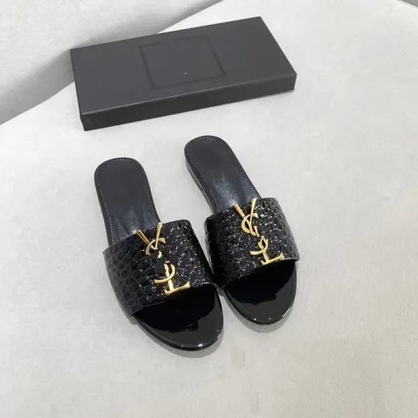 Saint Laurent YSL Monogram Croc-Embossed Slide Sandals Black Slippers - 3