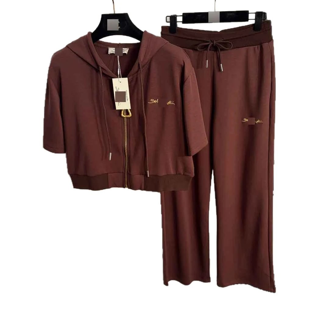 Unbranded Matching Sets Short-Sleeve Hooded Zip-Up Top and Drawstring Wide-Leg Trousers Set image 5