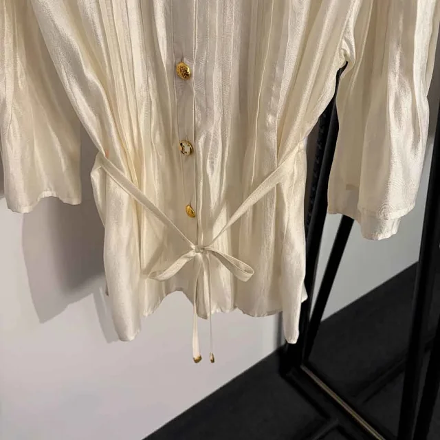 Unbranded Shirts Sheer pleated long-sleeve tie-waist blouse with gold-tone buttons product detail image 5