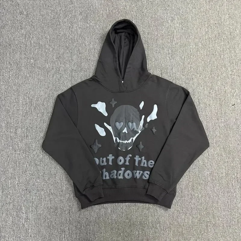 Black & Grey Hoodie with Heart-Eyed Skull Puff Print - rep bluzy z kapturem