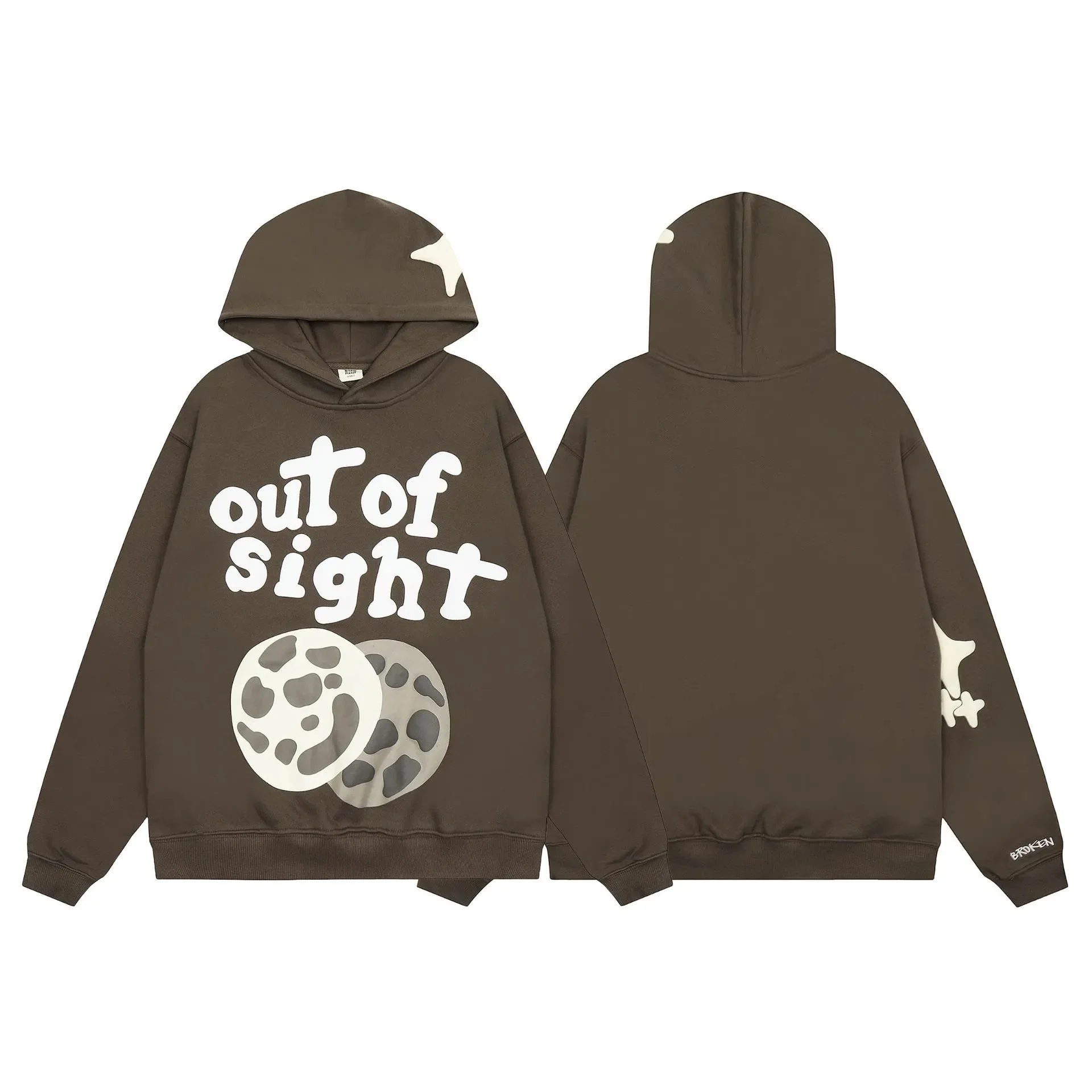 American-Style Coffee-Colored Hoodie with Foamed Moon and Star Print - rep bluzy z kapturem