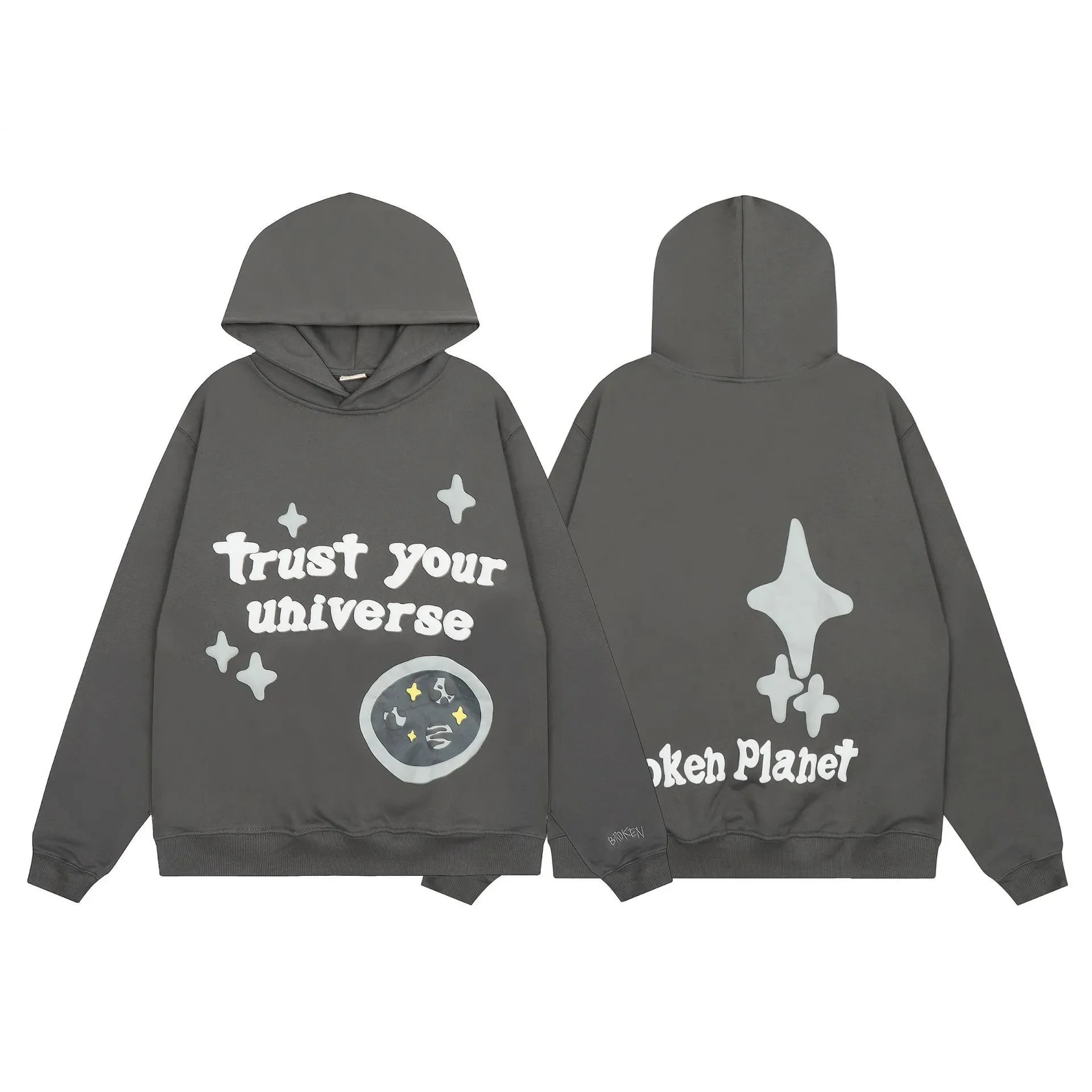 Broken Planet Space-Themed Foamed Print Dark Grey Hoodie - rep bluzy z kapturem