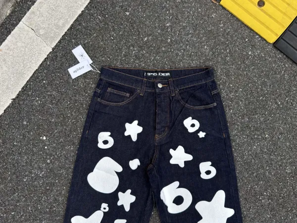 Sp5der Star Print Wide-Leg Jeans Blue - 9
