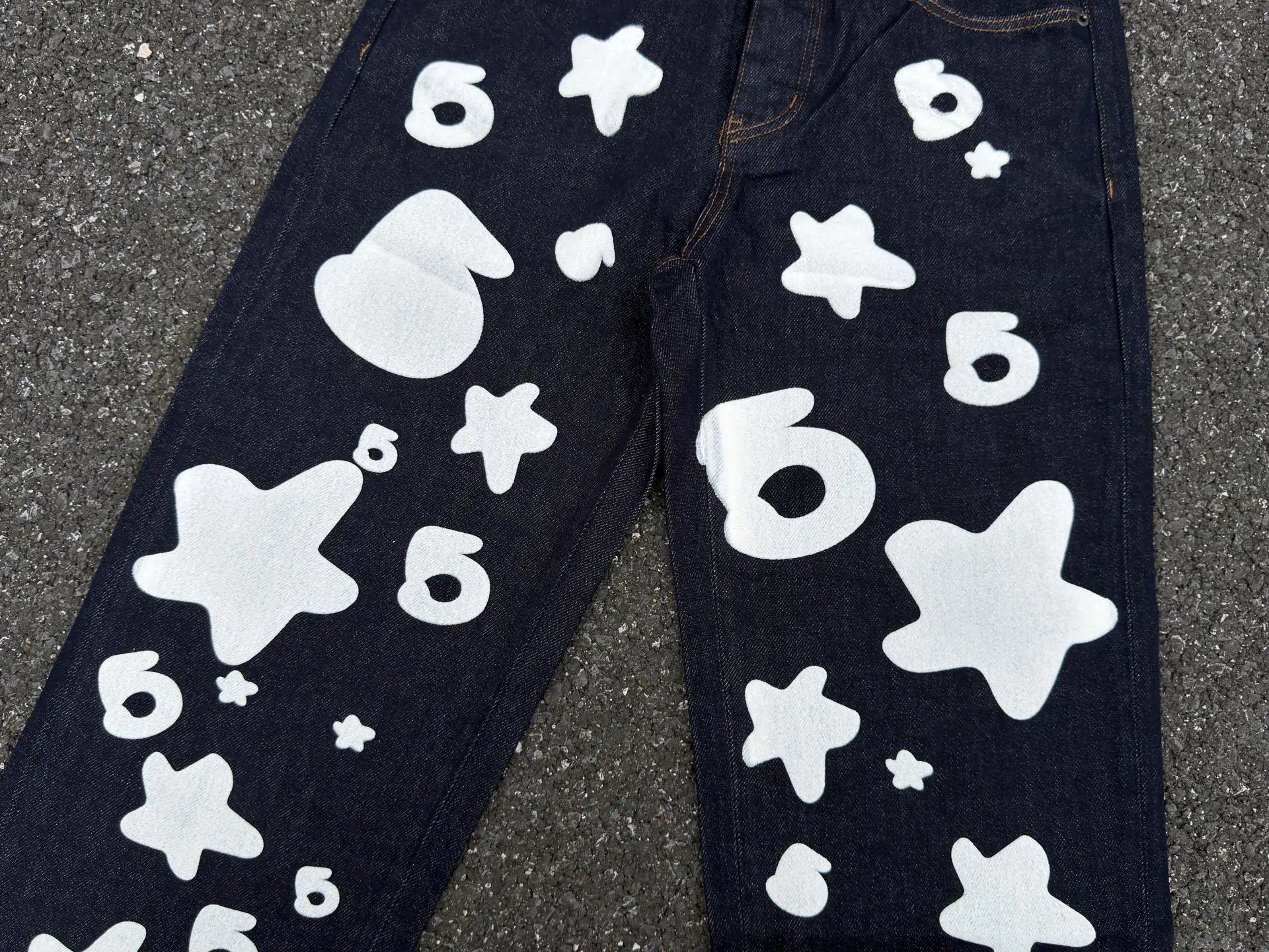 Sp5der Star Print Wide-Leg Jeans Blue - 12