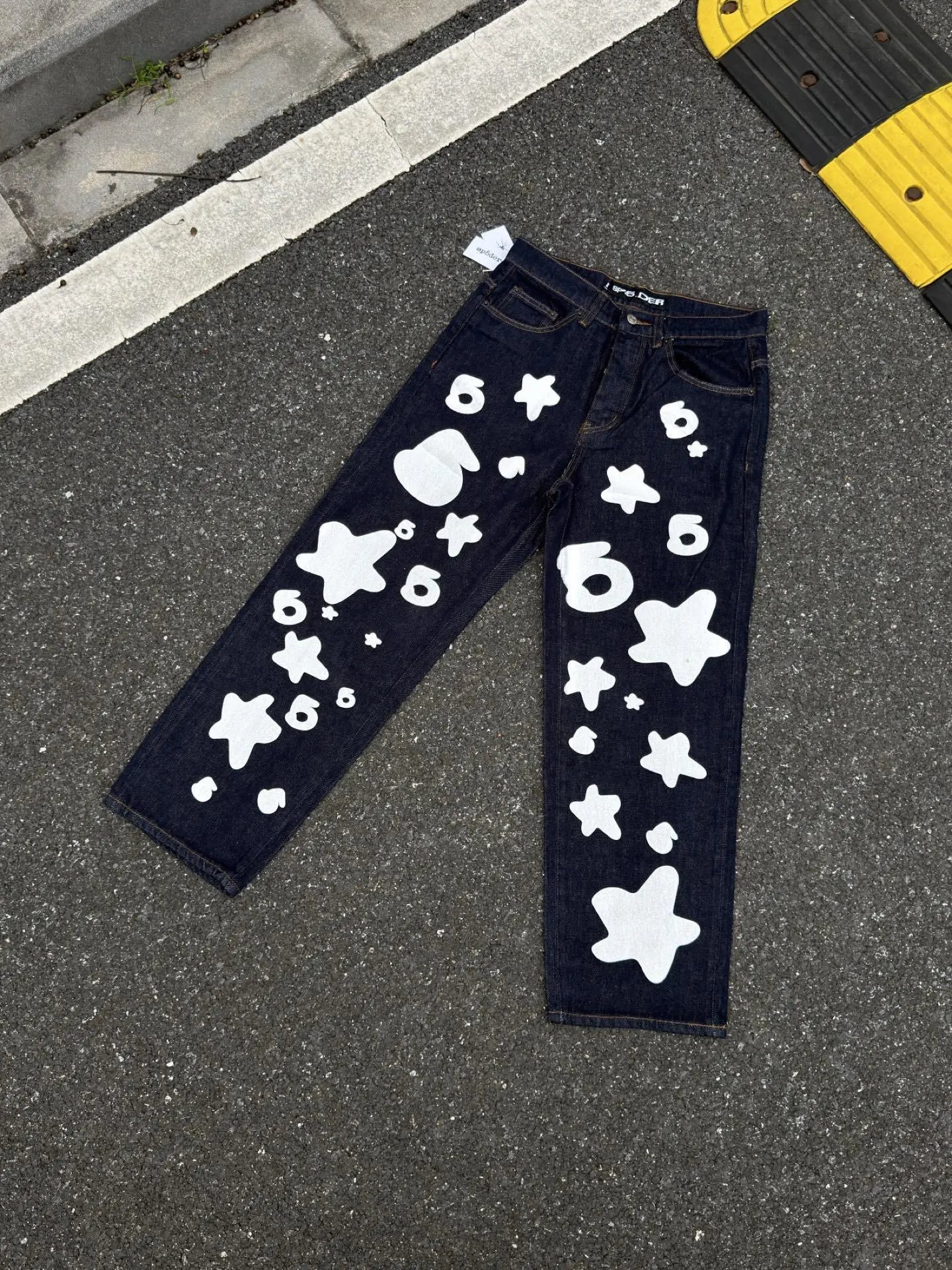Sp5der Star Print Wide-Leg Jeans Blue - 17