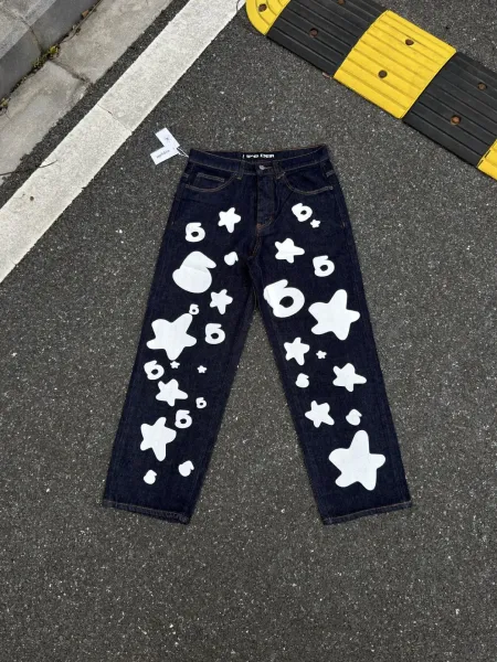 Sp5der Star Print Wide-Leg Jeans Blue - 4
