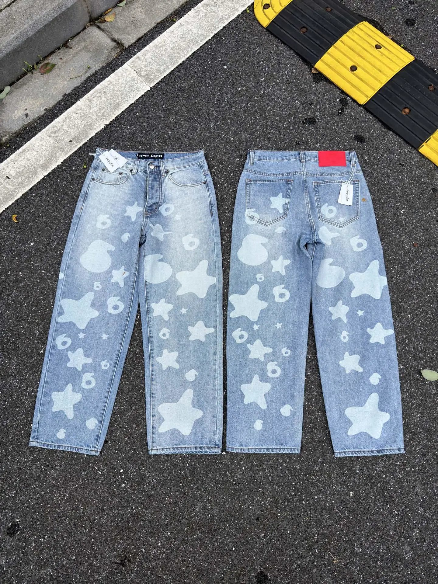 Sp5der Star Print Wide-Leg Jeans Blue - 25