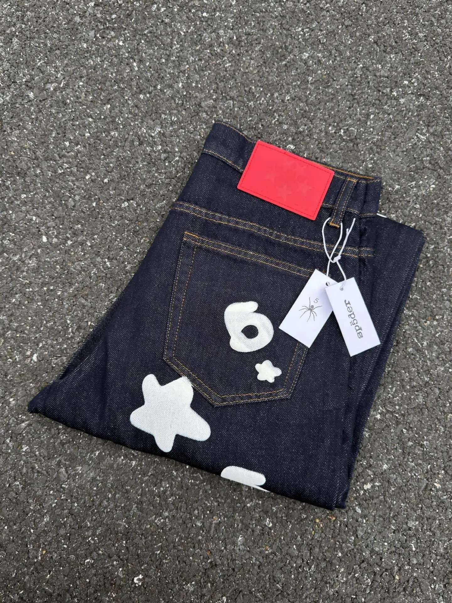 Sp5der Star Print Wide-Leg Jeans Blue - 8