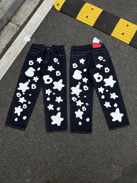 Sp5der Star Print Wide-Leg Jeans Blue - 5