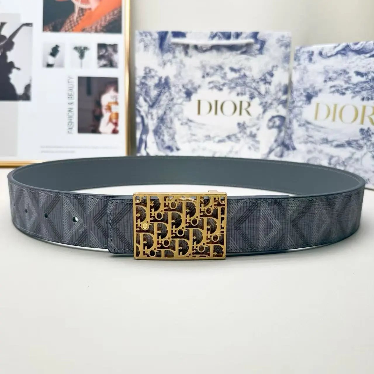 Dior Belts Oblique-pattern belt with logo buckle — Gray printed square DR antique gold buckle