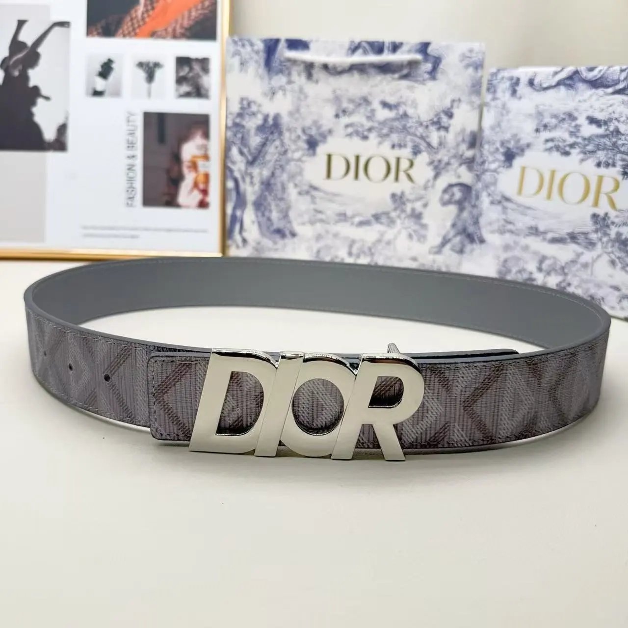 Dior Belts Oblique-pattern belt with logo buckle — Gray printed long DR silver buckle
