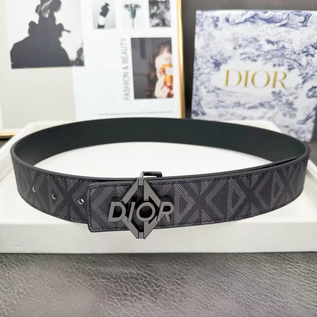 Dior Belts Oblique-pattern belt with logo buckle — Black printed triangle DR black buckle