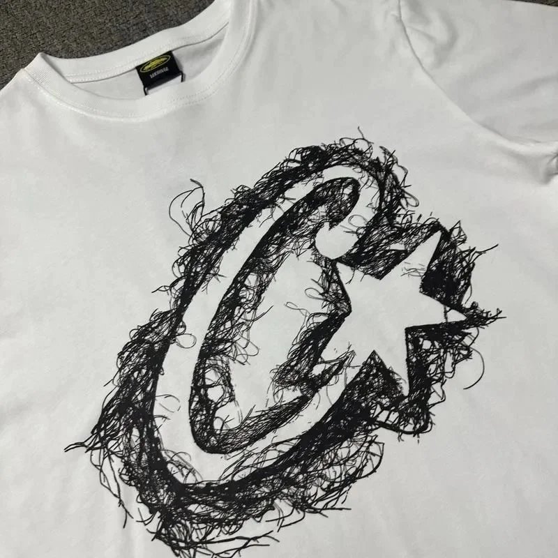 White Cotton T-Shirt with Black Scribble Star Logo Graphic Tee