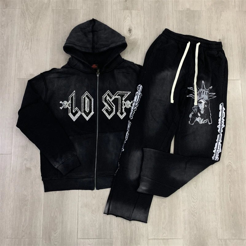 Lost Tracksuits Rhinestone Logo Distressed Zip-Up Hoodie and Jogger Set image 3