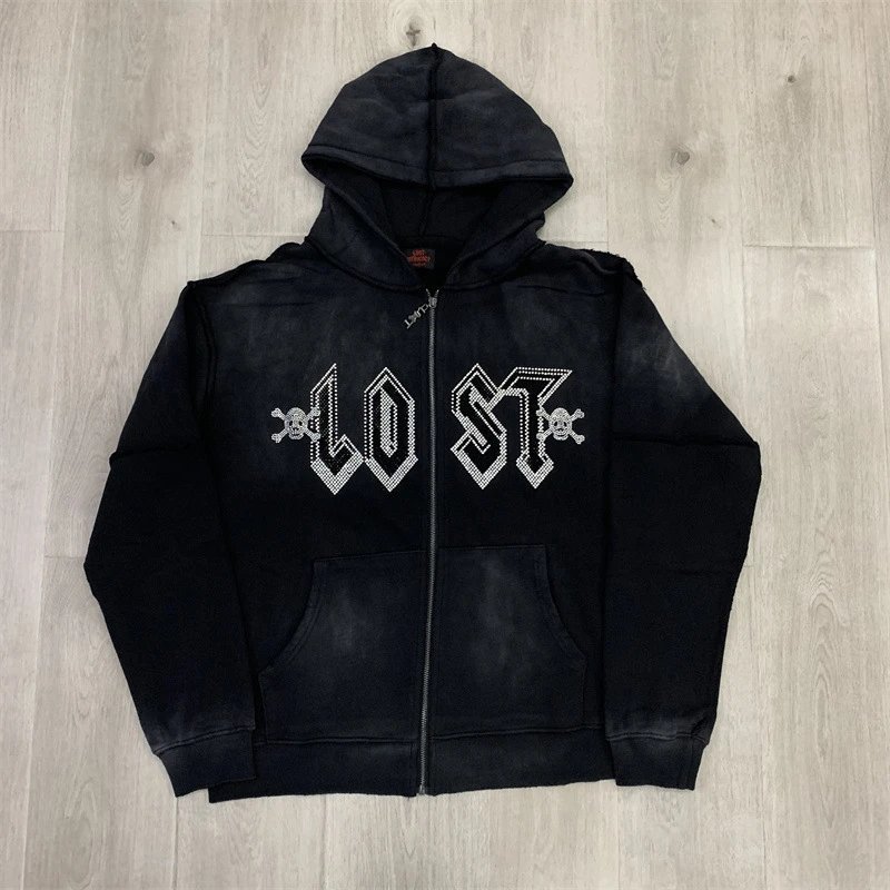 Lost Tracksuits Rhinestone Logo Distressed Zip-Up Hoodie and Jogger Set — L 119 Black