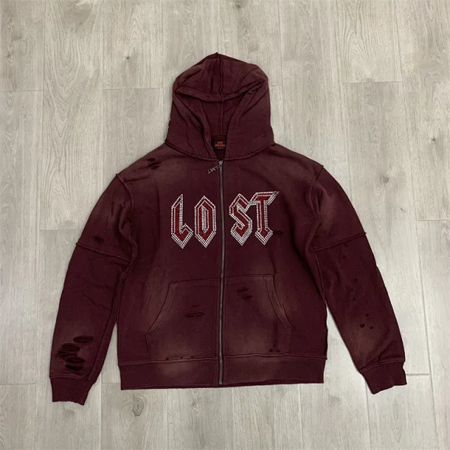 Lost Tracksuits Rhinestone Logo Distressed Zip-Up Hoodie and Jogger Set product detail image 21
