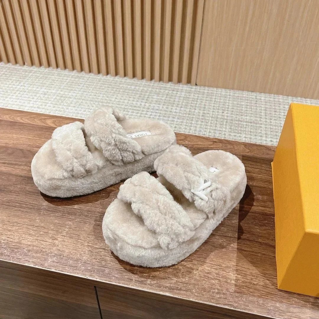 Louis Vuitton Slippers Fur braided double-strap slide with LV hardware — gray double belt