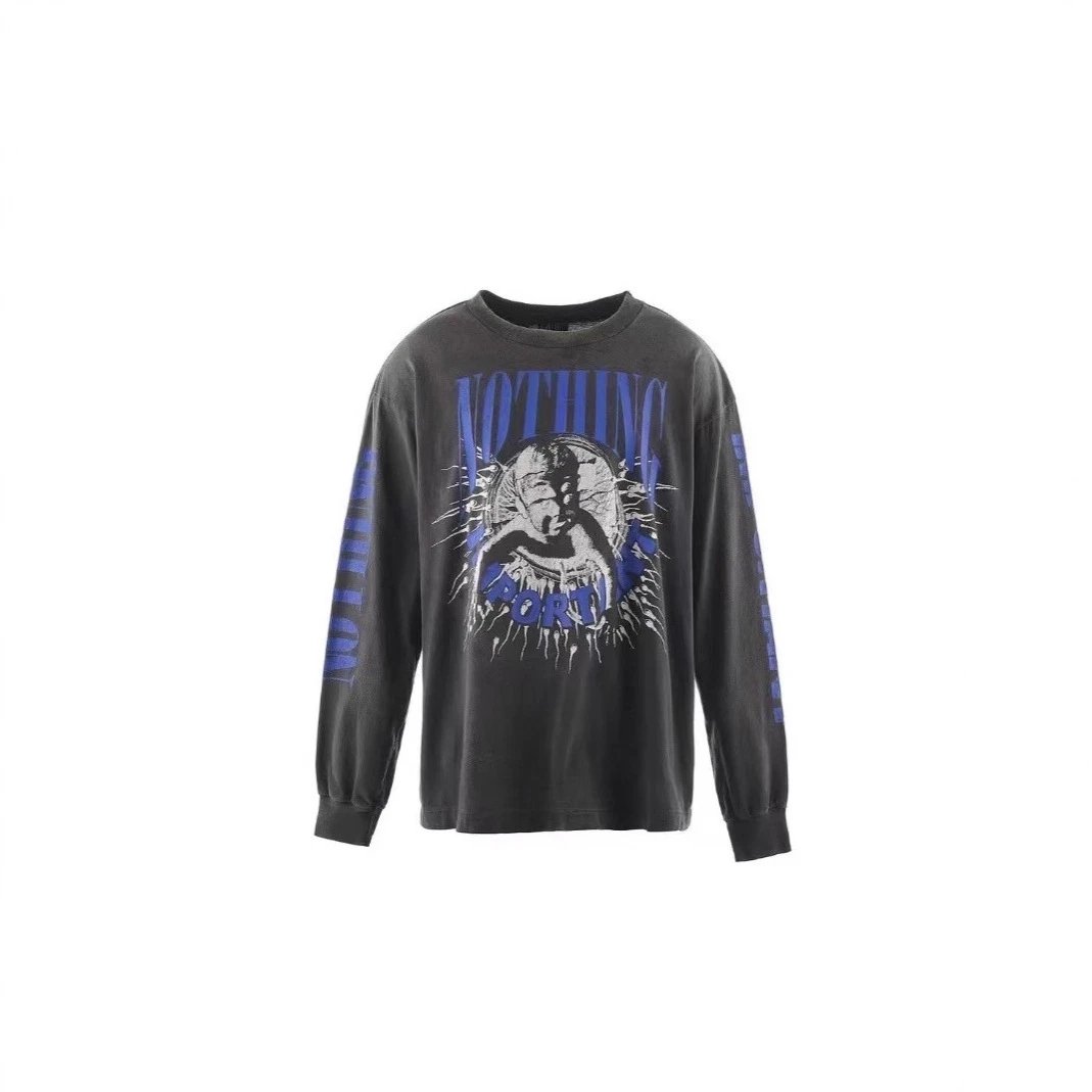 Graphic Long Sleeve Gray Distressed Oversized T-Shirt