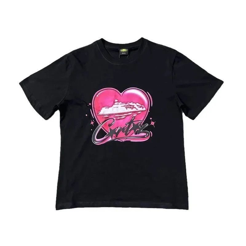 Black Graphic Heart Print Streetwear T-Shirt