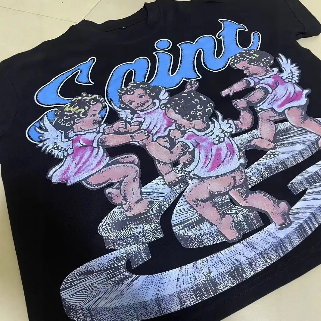 Saint Graphic Print Black Vintage Angel T-Shirt