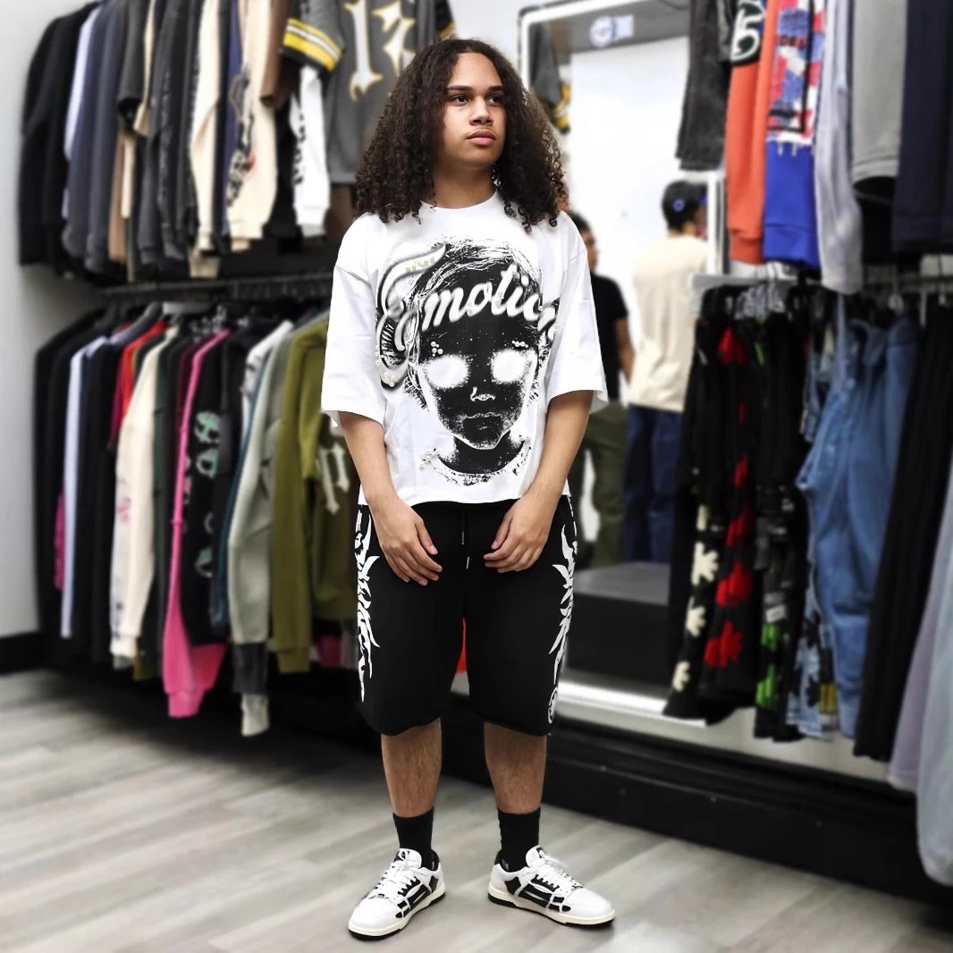 Oversized Graphic Print White Streetwear T-Shirt Black Embroidered Track Pants