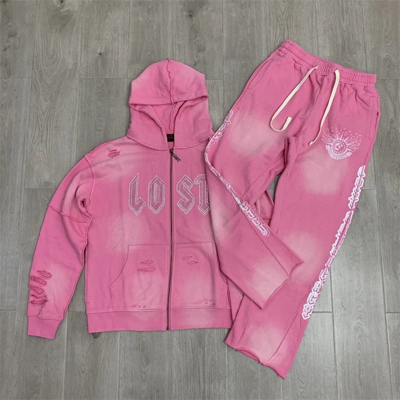 Lost Tracksuits Rhinestone Logo Distressed Zip-Up Hoodie and Jogger Set — L 115-L 116 Pink suit