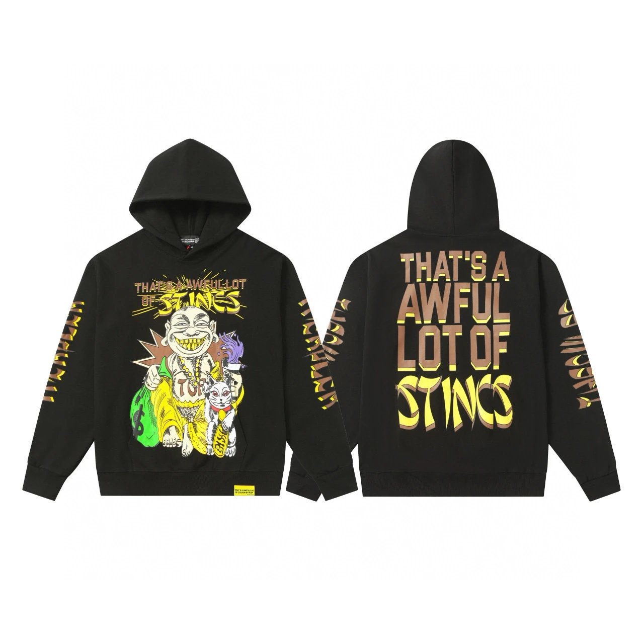 Black Graphic Hoodie With Yellow Text And Cartoon Print Streetwear