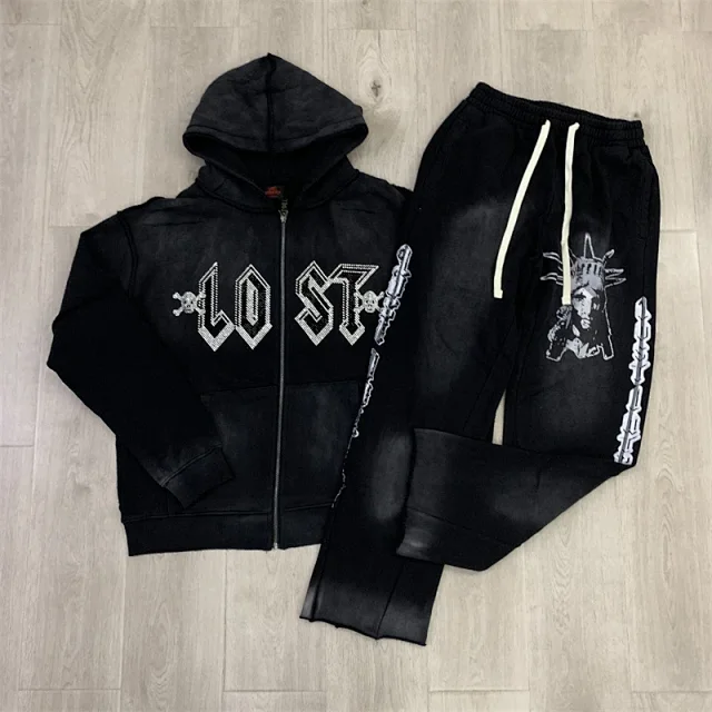 Lost Tracksuits Rhinestone Logo Distressed Zip-Up Hoodie and Jogger Set product detail image 7