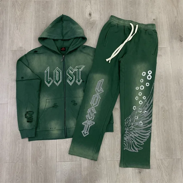 Lost Tracksuits Rhinestone Logo Distressed Zip-Up Hoodie and Jogger Set product detail image 15