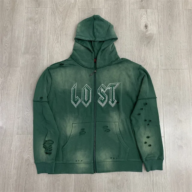 Lost Tracksuits Rhinestone Logo Distressed Zip-Up Hoodie and Jogger Set product detail image 23