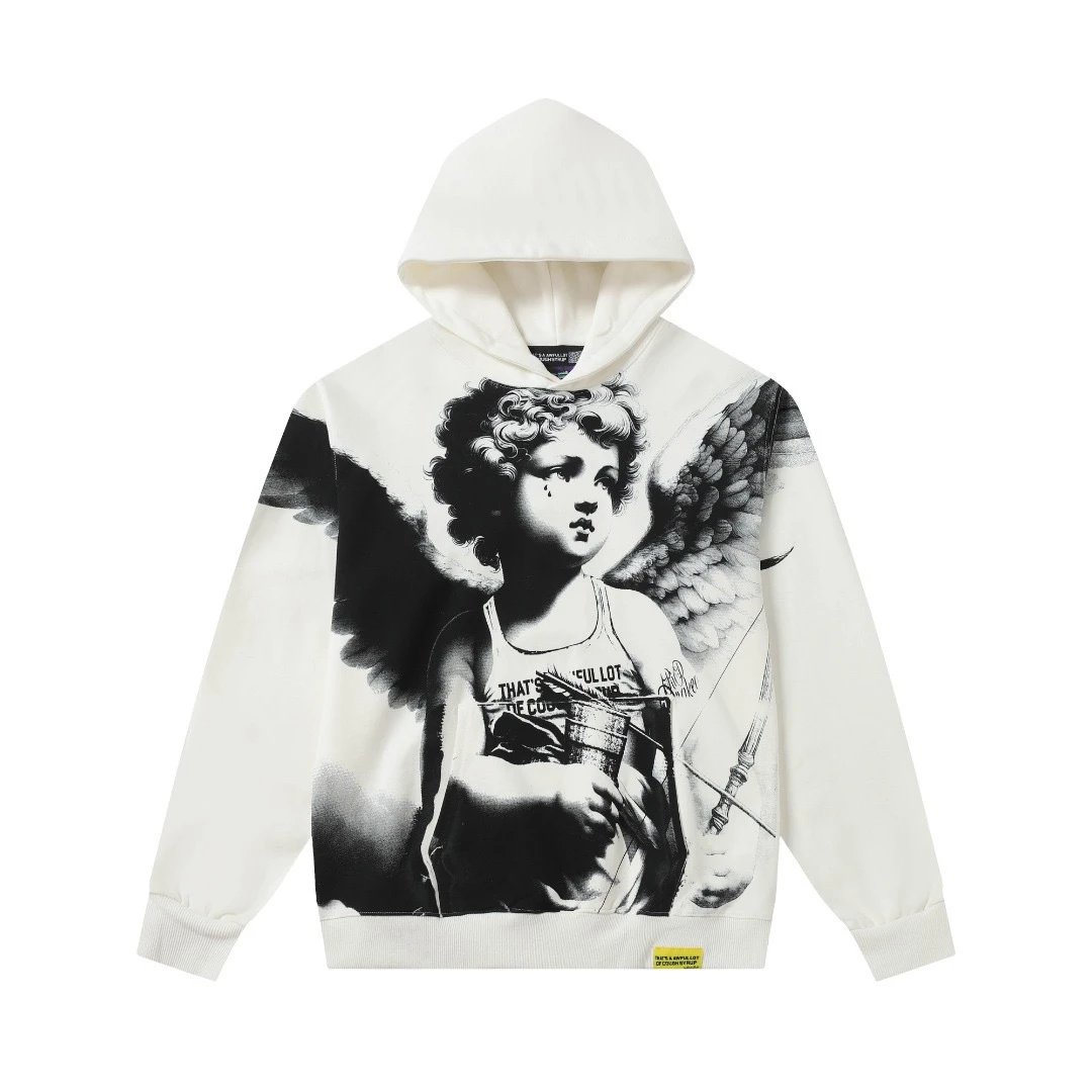 Cotton Hoodie Off White Angel Print Streetwear Sweatshirt