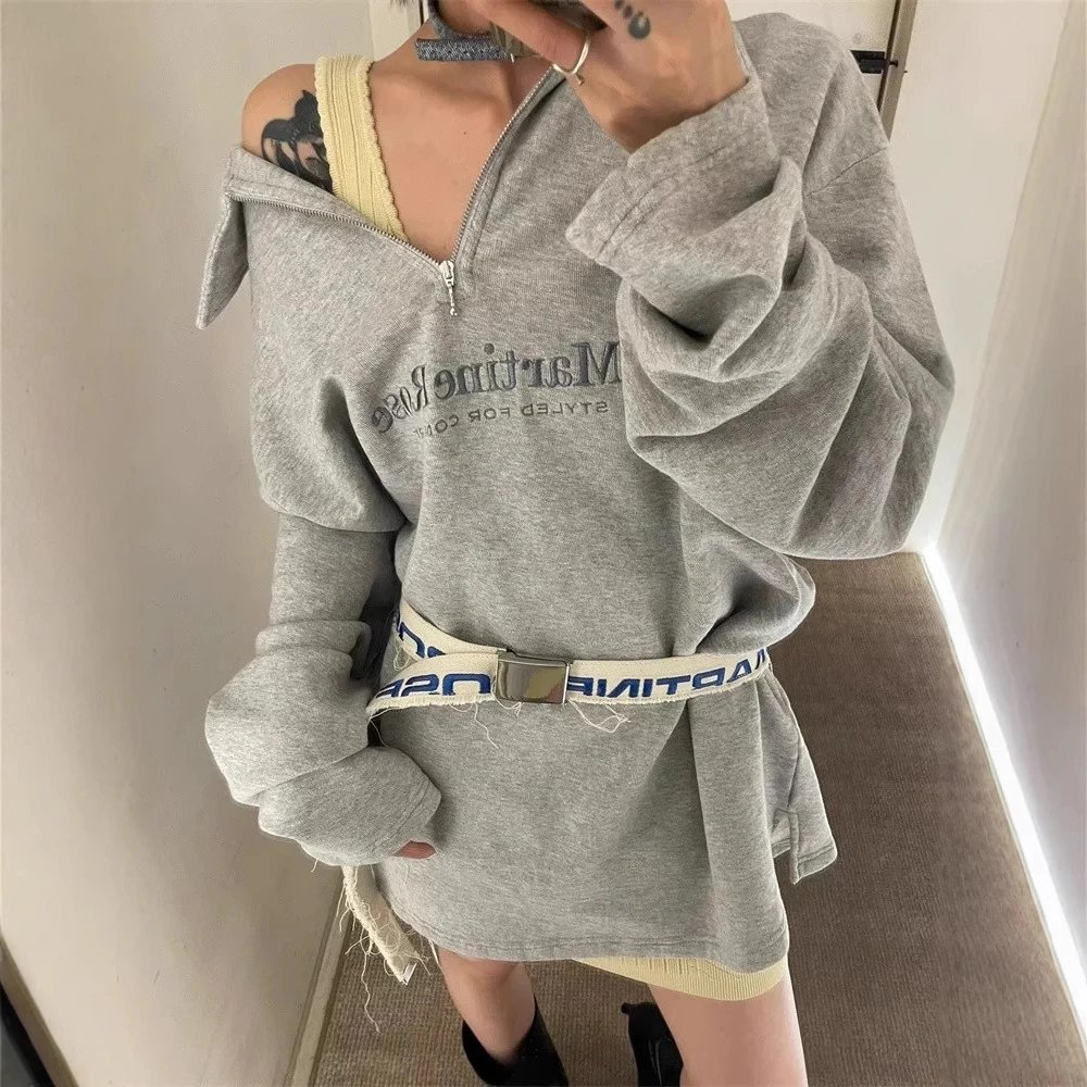 Gray Half-Zip Oversized Sweatshirt with Embroidered Logo and Belted Waist