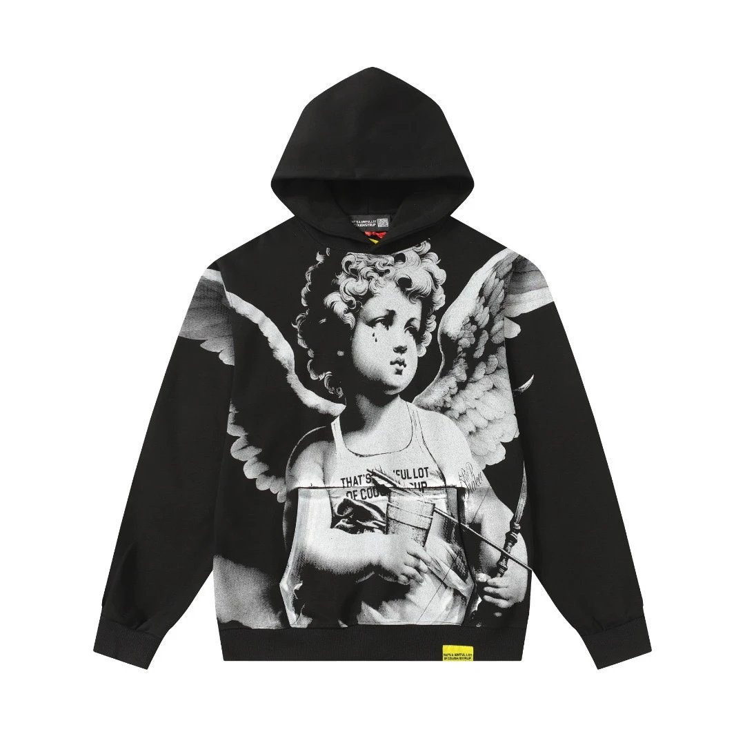 Cotton Hoodie Off White Angel Print Streetwear Sweatshirt