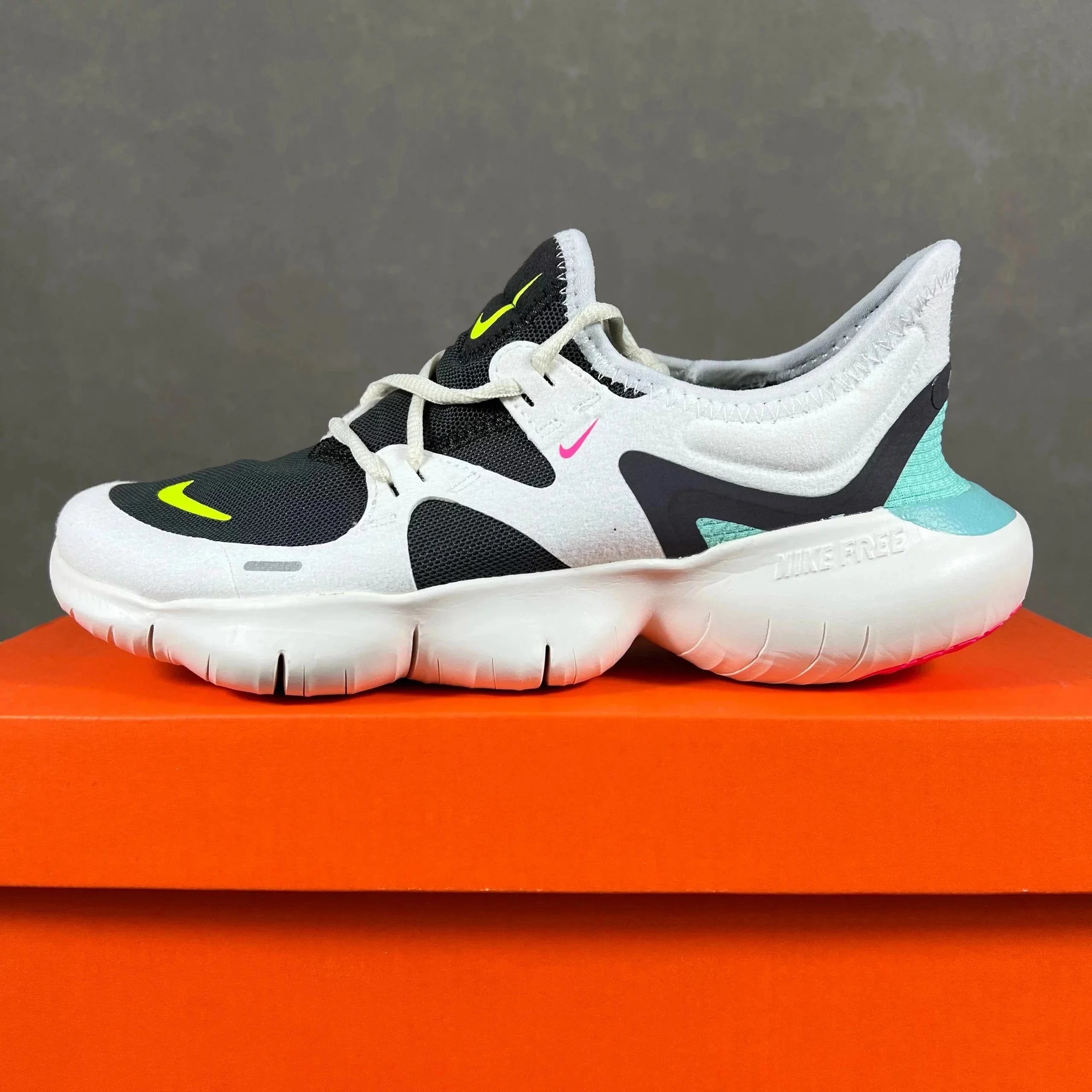 Nike Free RN 5.0 White Black Neon Yellow Aqua Running Shoes
