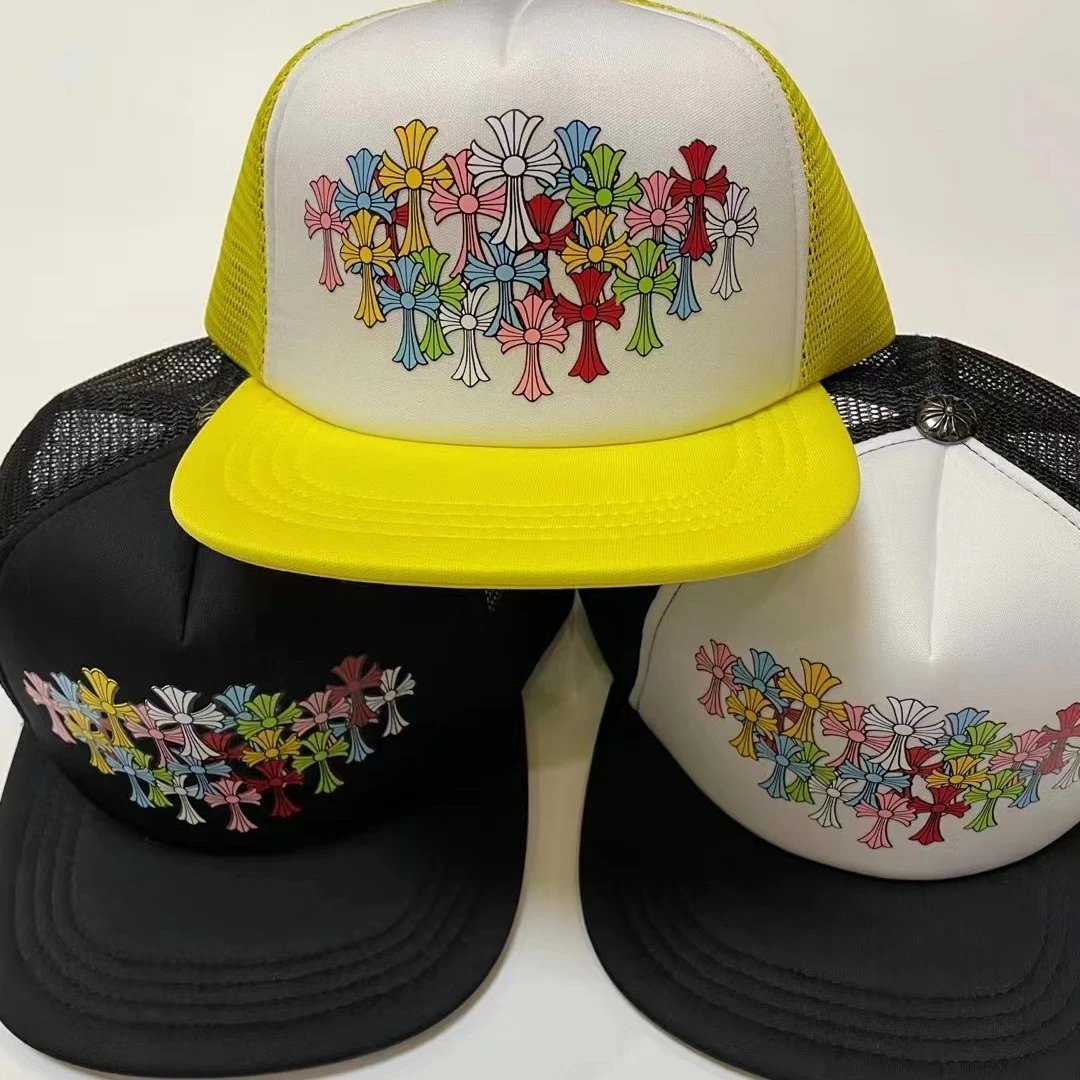 Chrome Hearts Multicolor Cross Print Yellow Brim Trucker Hat