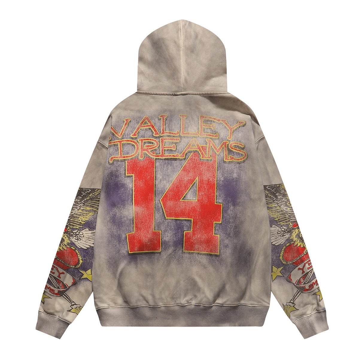 Vintage Wash Hoodie Gray Distressed Graphic Streetwear