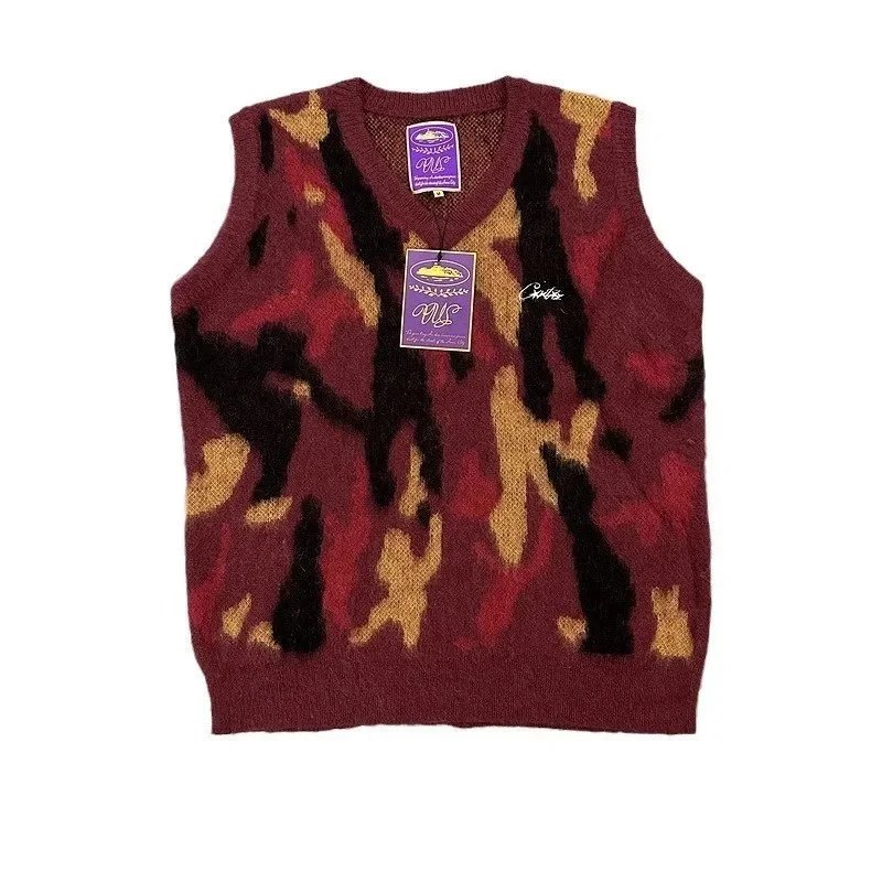 Camouflage Knit Vest Maroon Green Military Style