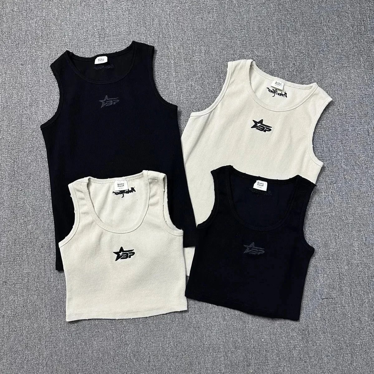 Broken Planet Ribbed Crop Tank Top Black And Beige Star Logo