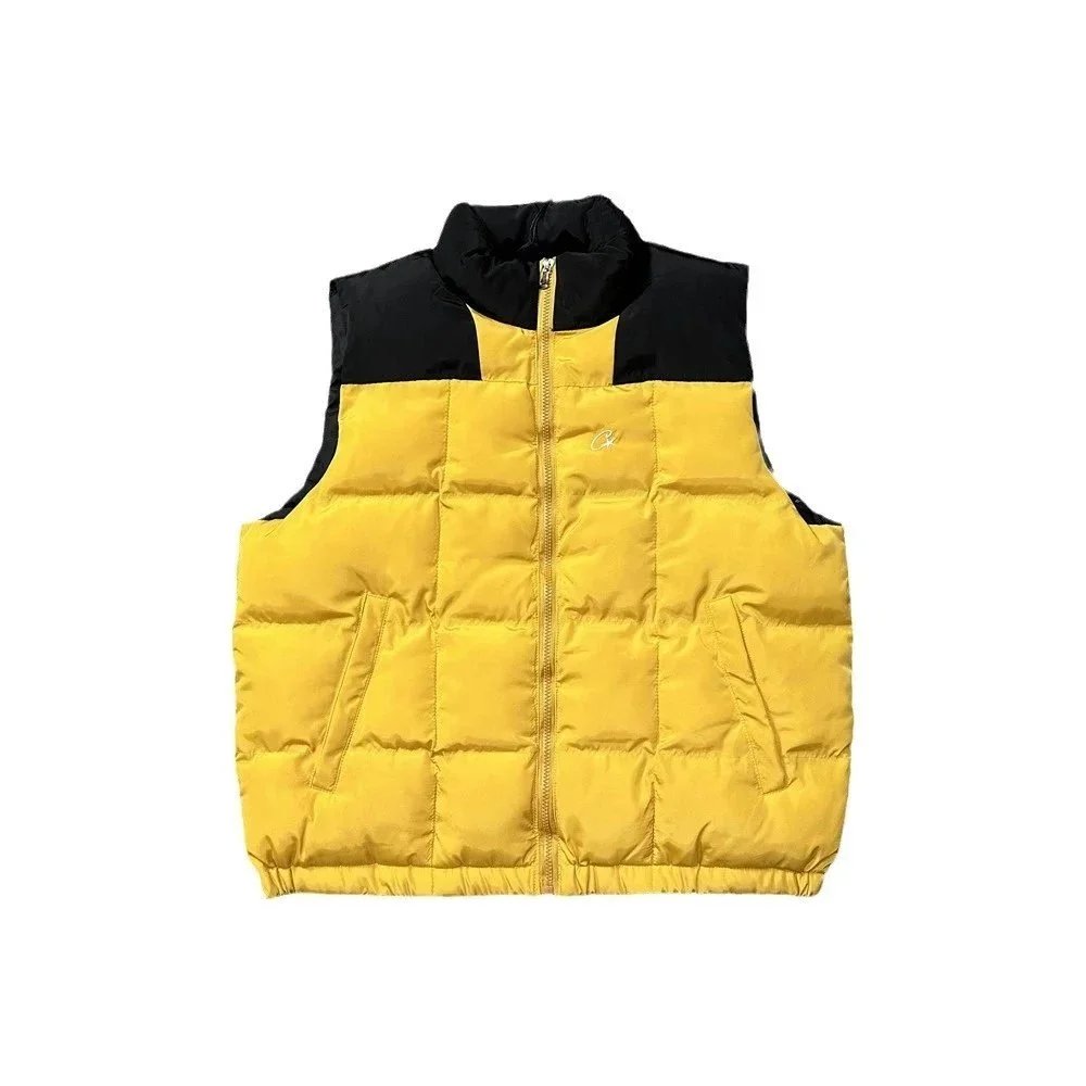 Puffer Vest Gray Black and Yellow Colorblock Quilted Sleeveless Jacket